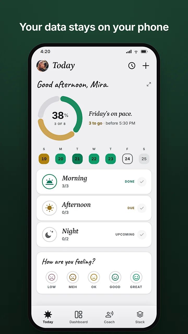 The Today screen in light mode. Captioned: your data stays on your phone