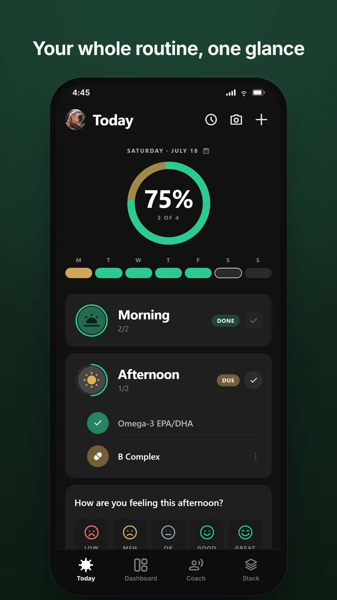 Pavelo's Today screen: progress ring at 75 percent, the afternoon slot open with one supplement taken, and the mood check-in