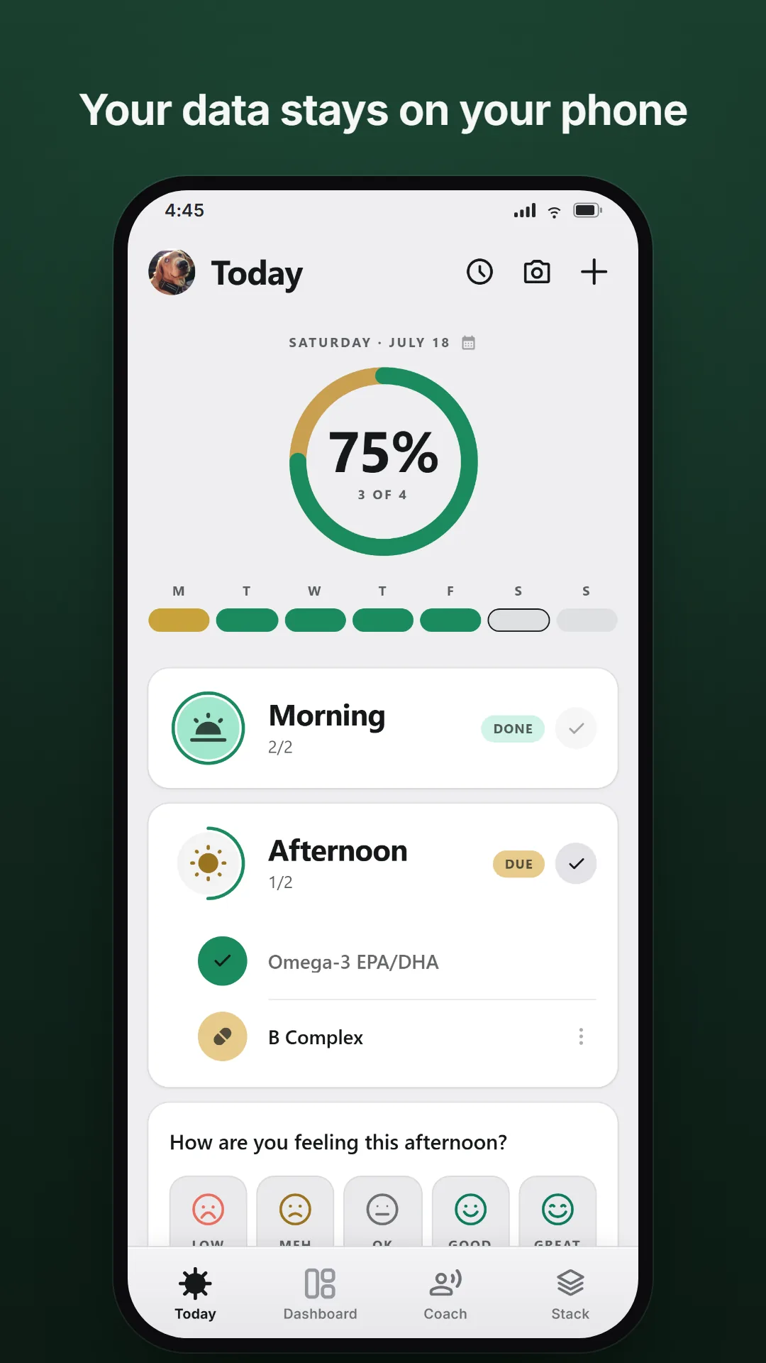 Pavelo's Today screen in light mode with the privacy promise: your data stays on your phone